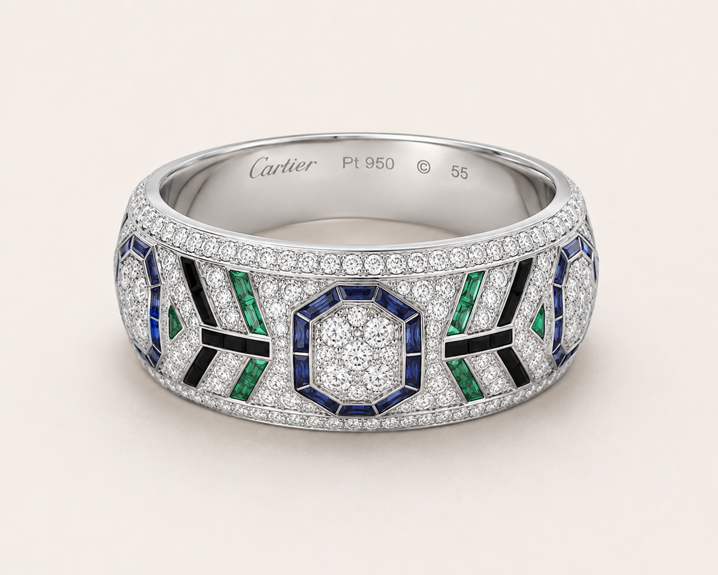 Emerald Geometric White Gold Band