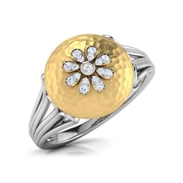 Two Tone Diamond Round Floral Signet Ring